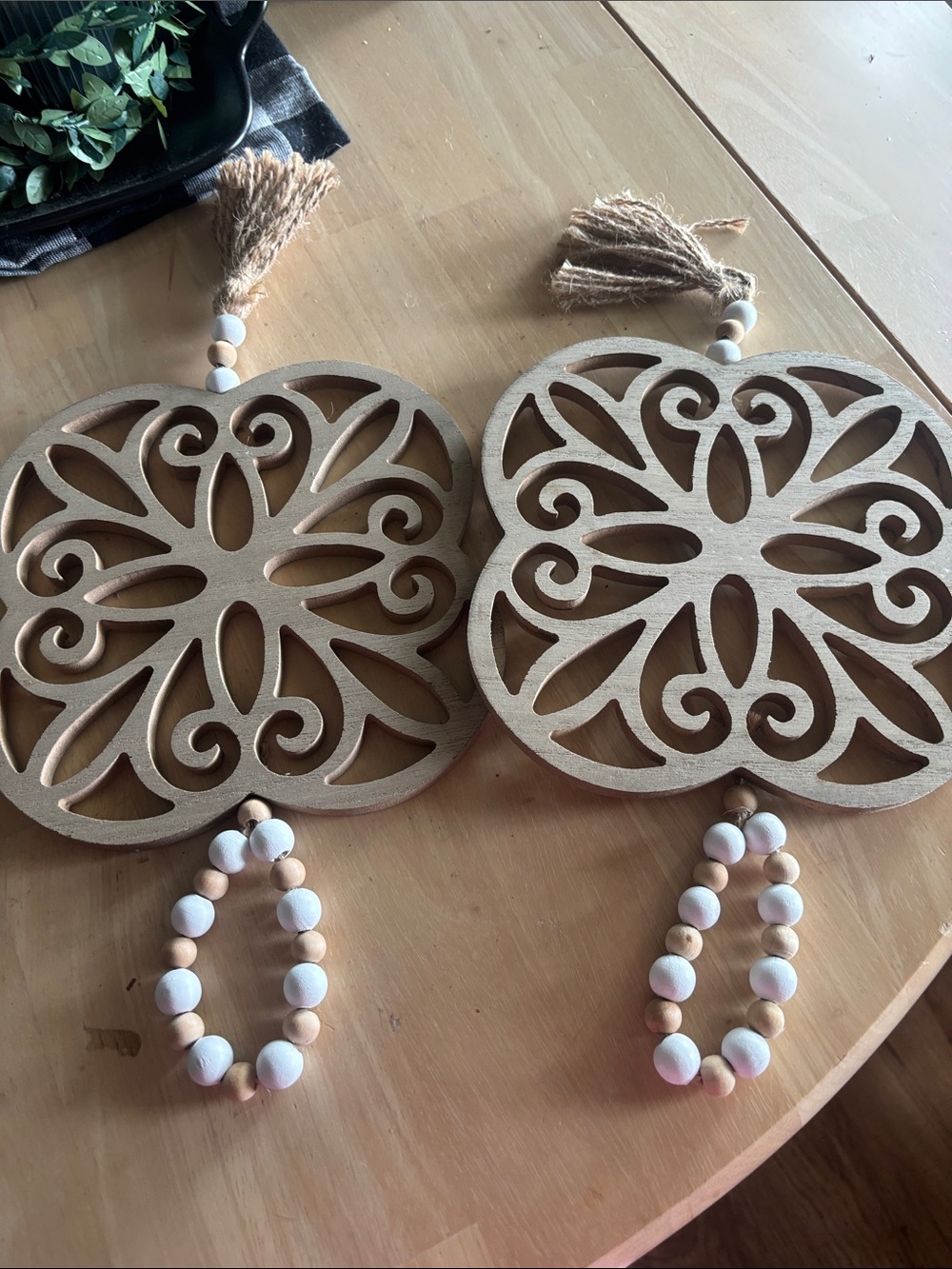 Pair of Decorative Wooden Wall Hangings with Bead Tassels - Natural Beige